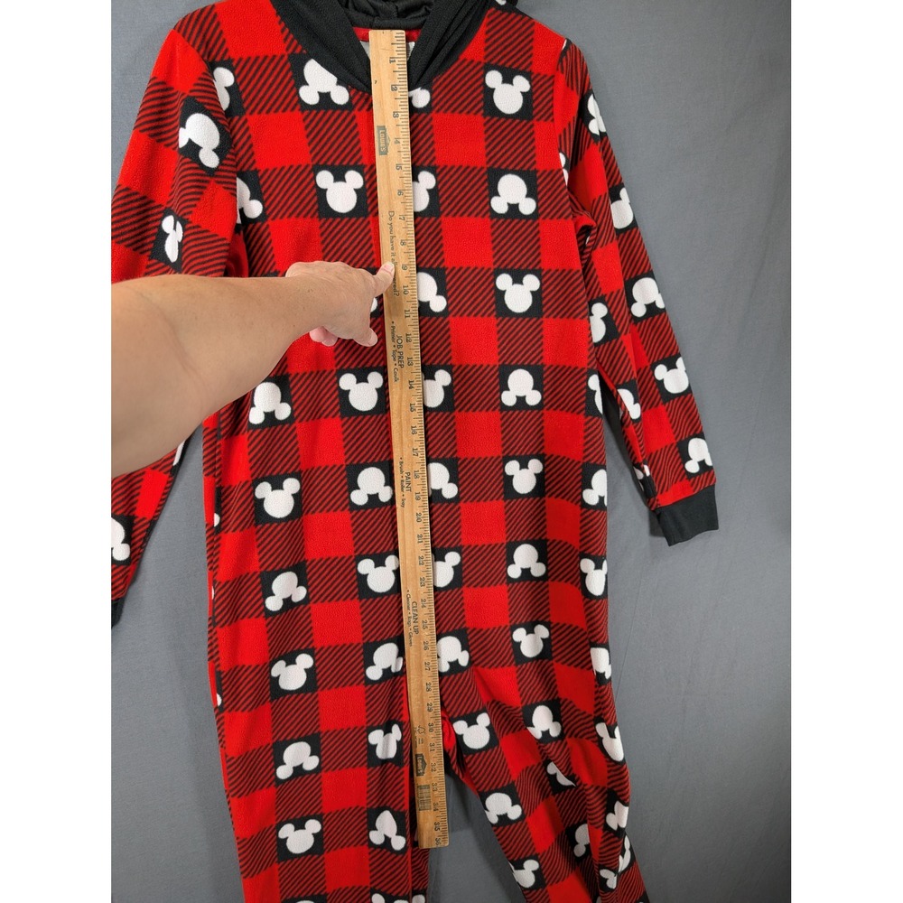 Disney 100 Mickey Mouse‎ Buffalo Plaid Hooded One Piece Pajamas Red Black Medium - Picture 5 of 9